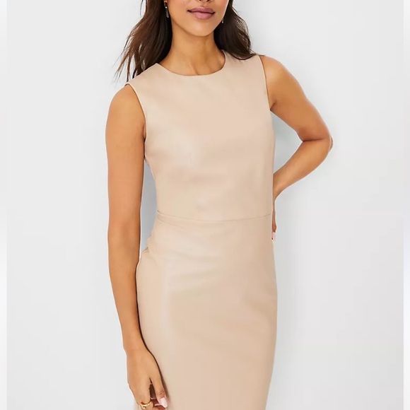 Ann Taylor faux leather sheath dress taupe sleeveless Petite 4 - Picture 1 of 11